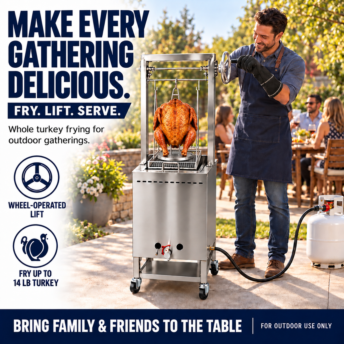 Propane Turkey Fryer Cart | Wheel Crank Basket Lift | Portable 4 Wheels | 5 Gallon Max Fill | Fry Turkey up to 14 LBS | Stainless Steel | Fryer for Thanksgiving | Accessories Included | Patent Pending