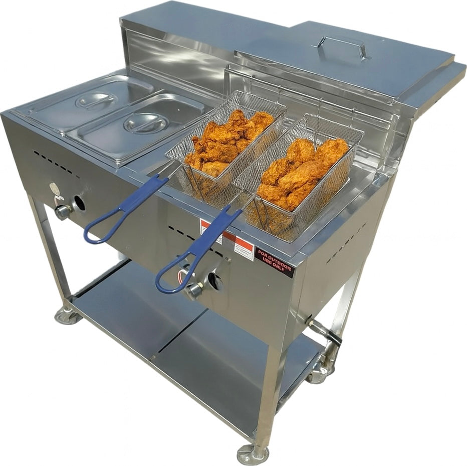 Heavy Duty Deep Fryer Cart | 30 lb 3 Gallon Single Tank | 2 Pan Steam Table | 2 Fryer Baskets