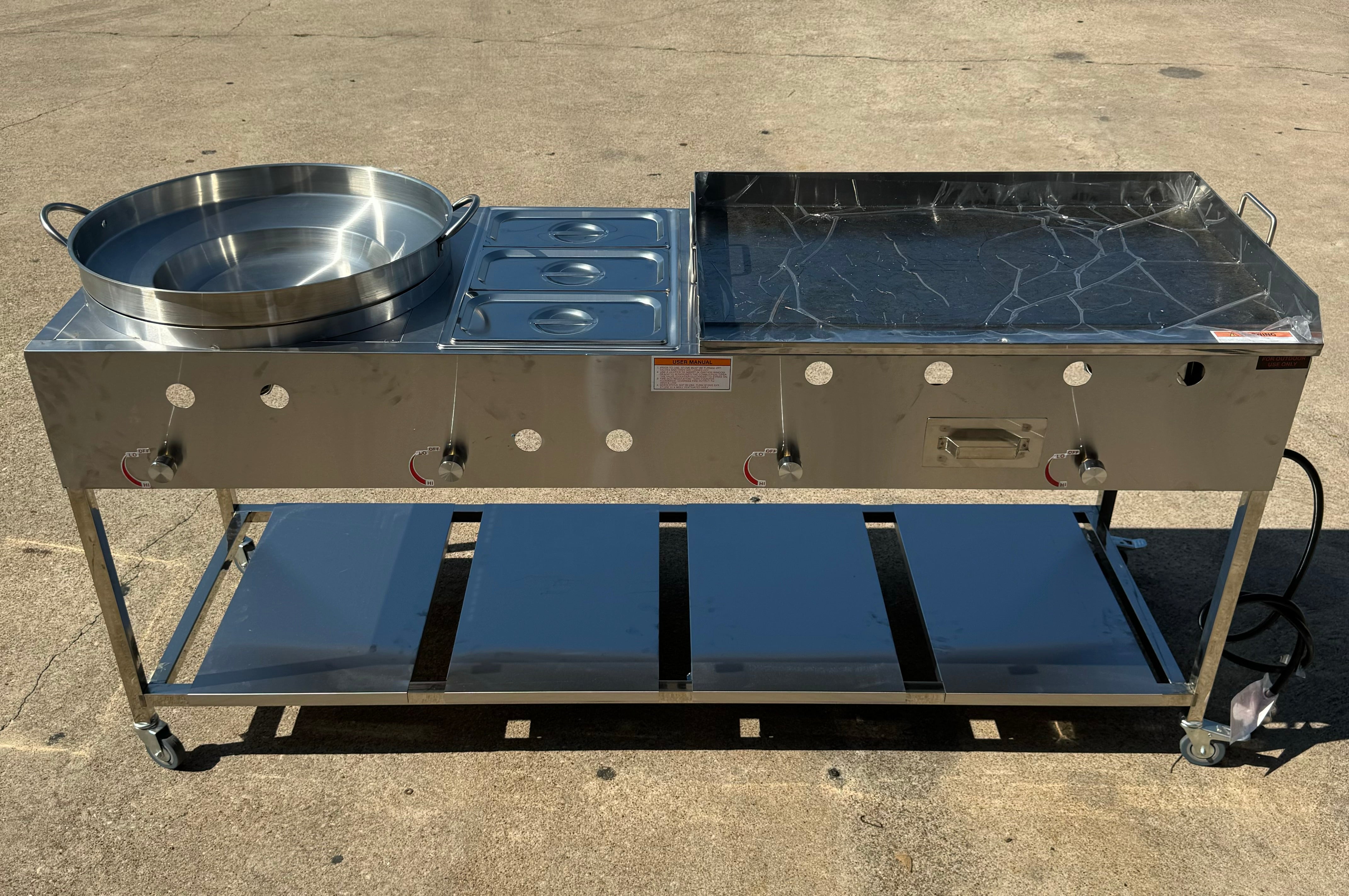 36β x 22β Griddle Flat Top Taco Cart with 22β Comal and 3 Pan Steam Table