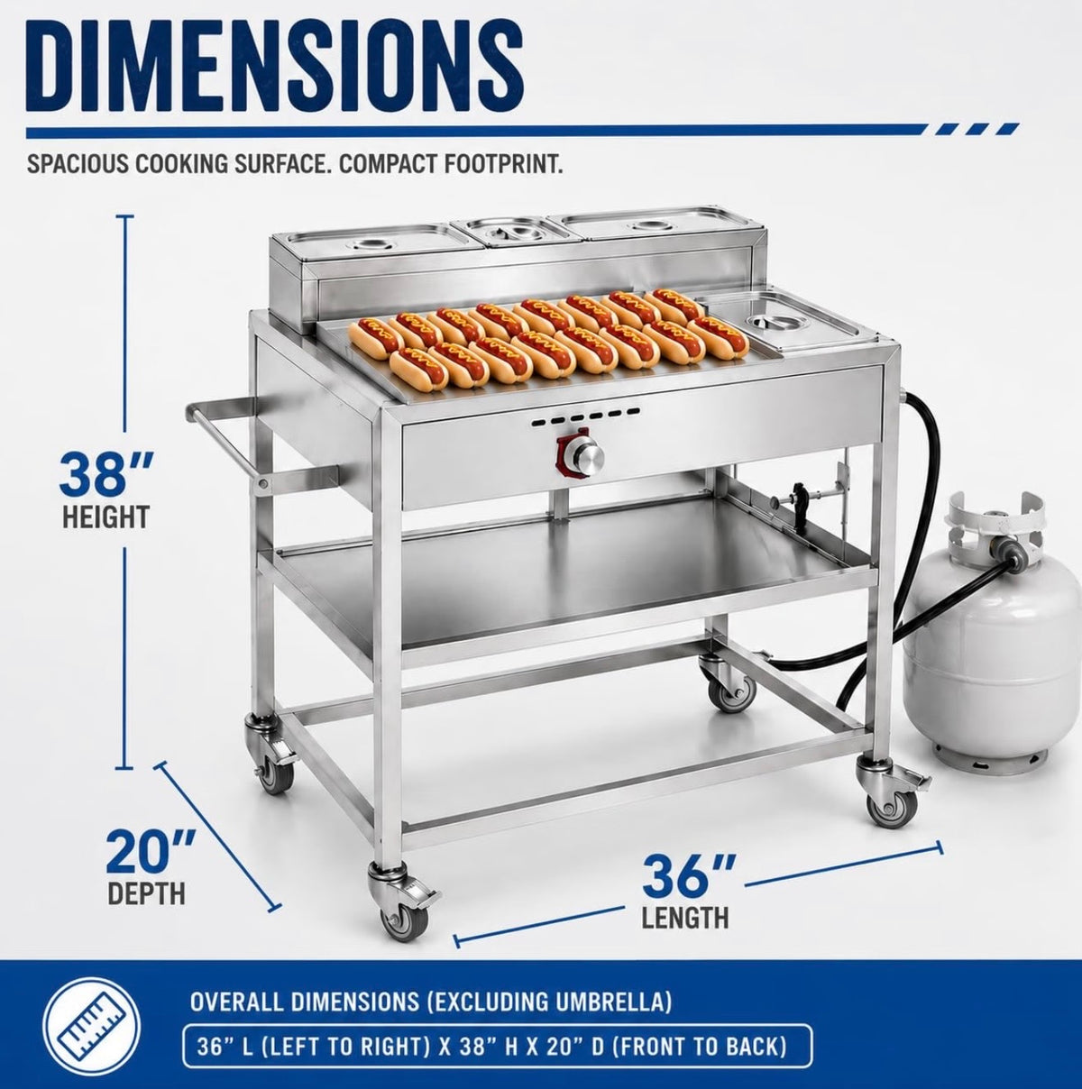Hot Dog Cart with Umbrella | Stainless Steel Cart with Aluminum Flat Top Griddle | Propane | 4 Wheels Portable | CSA Approved | Street Food Cart for Catering, Vending, and More | Carrito Hot Dogs