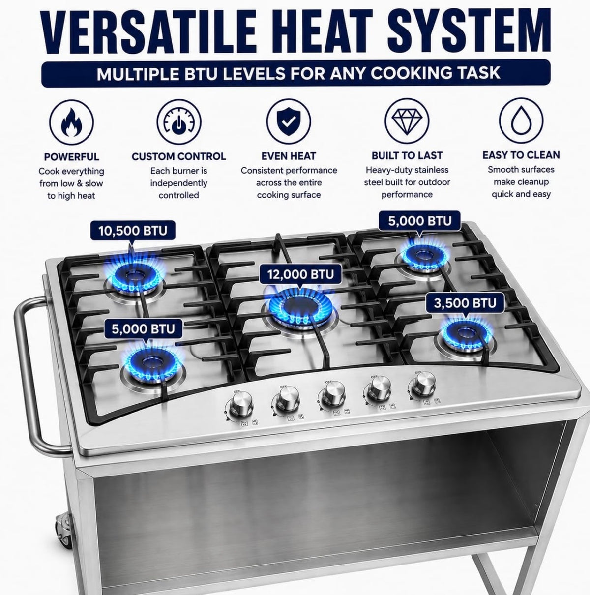 5 Burner Stove Propane Cart | Mobile Cooking Food Cart | 304 Stainless Steel | 4 Wheels Portable | 36,000 BTU Total | Outdoor Cooking Station | CSA Approved | Catering, Vending, Backyard, and More