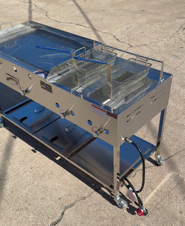 36” x 22” Griddle Flat Top Food Taco Cart w/ 2 Tank Large Deep Fryers