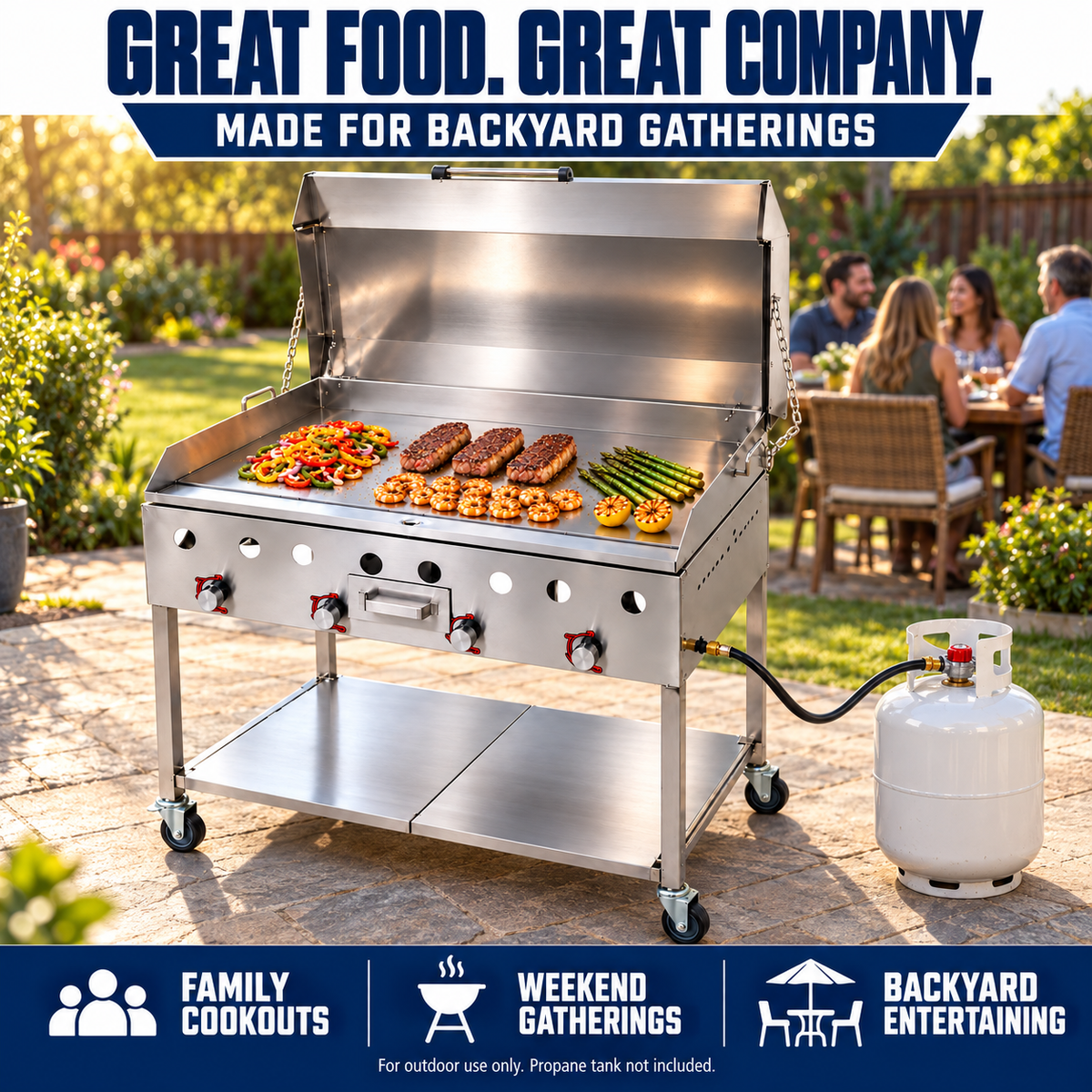 Propane 36” Stainless Steel Griddle | 1/4" Thickness | 4 Burner Zone | Outdoor Flat Top Grill | Portable 4 Wheel Cart | 304 Stainless Steel | Street Food, Events, Catering, Vending, Backyard, and More