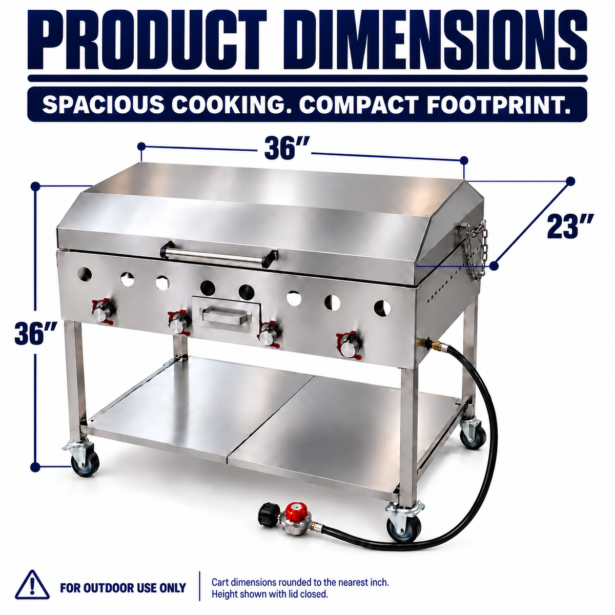Propane 36” Stainless Steel Griddle | 1/4" Thickness | 4 Burner Zone | Outdoor Flat Top Grill | Portable 4 Wheel Cart | 304 Stainless Steel | Street Food, Events, Catering, Vending, Backyard, and More