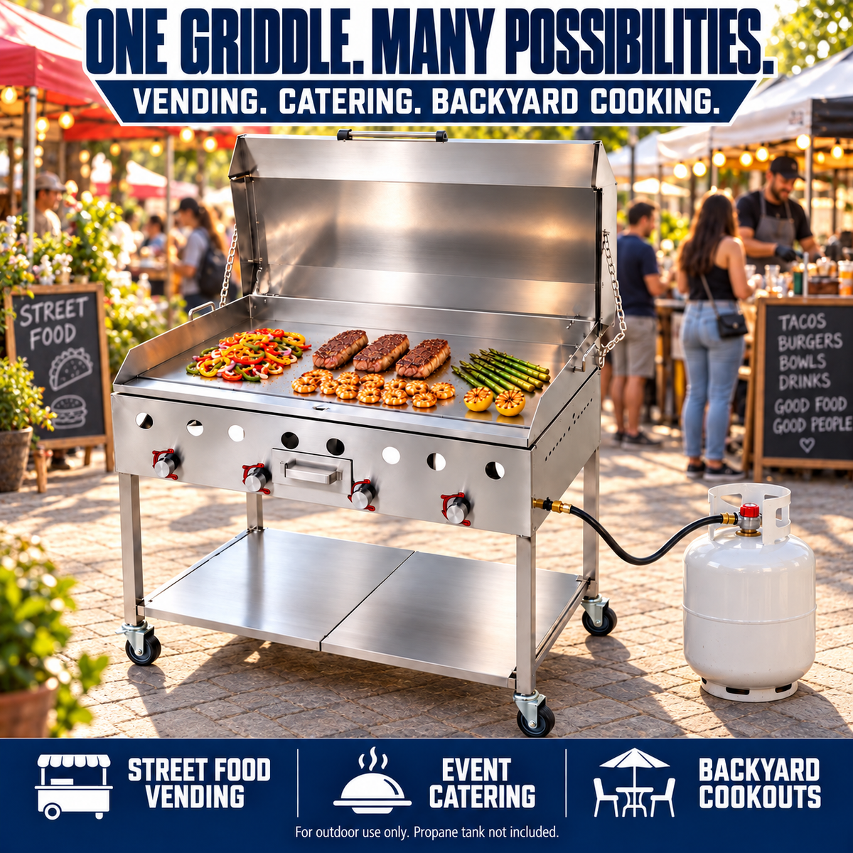 Propane 36” Stainless Steel Griddle | 1/4" Thickness | 4 Burner Zone | Outdoor Flat Top Grill | Portable 4 Wheel Cart | 304 Stainless Steel | Street Food, Events, Catering, Vending, Backyard, and More