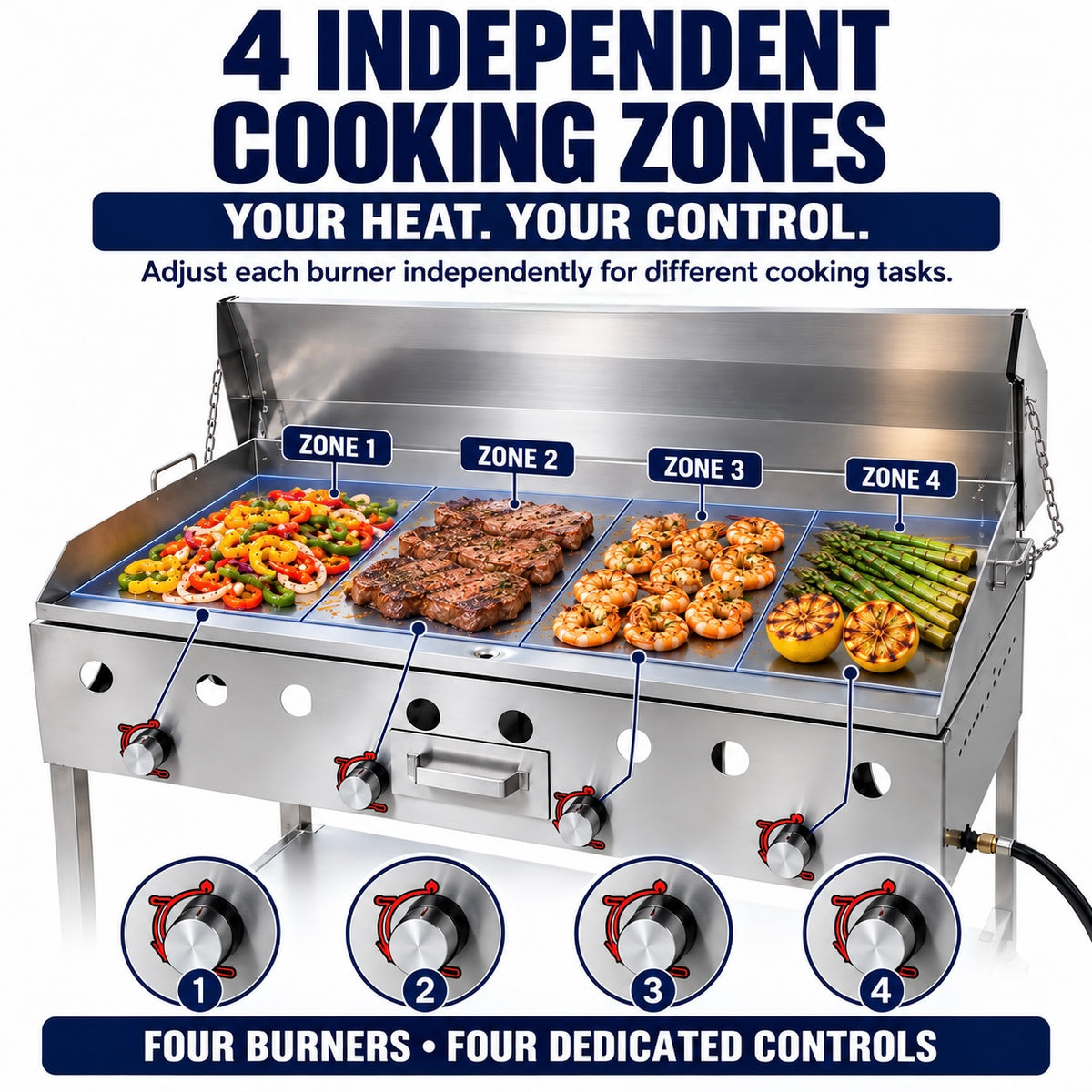 Propane 36” Stainless Steel Griddle | 1/4" Thickness | 4 Burner Zone | Outdoor Flat Top Grill | Portable 4 Wheel Cart | 304 Stainless Steel | Street Food, Events, Catering, Vending, Backyard, and More