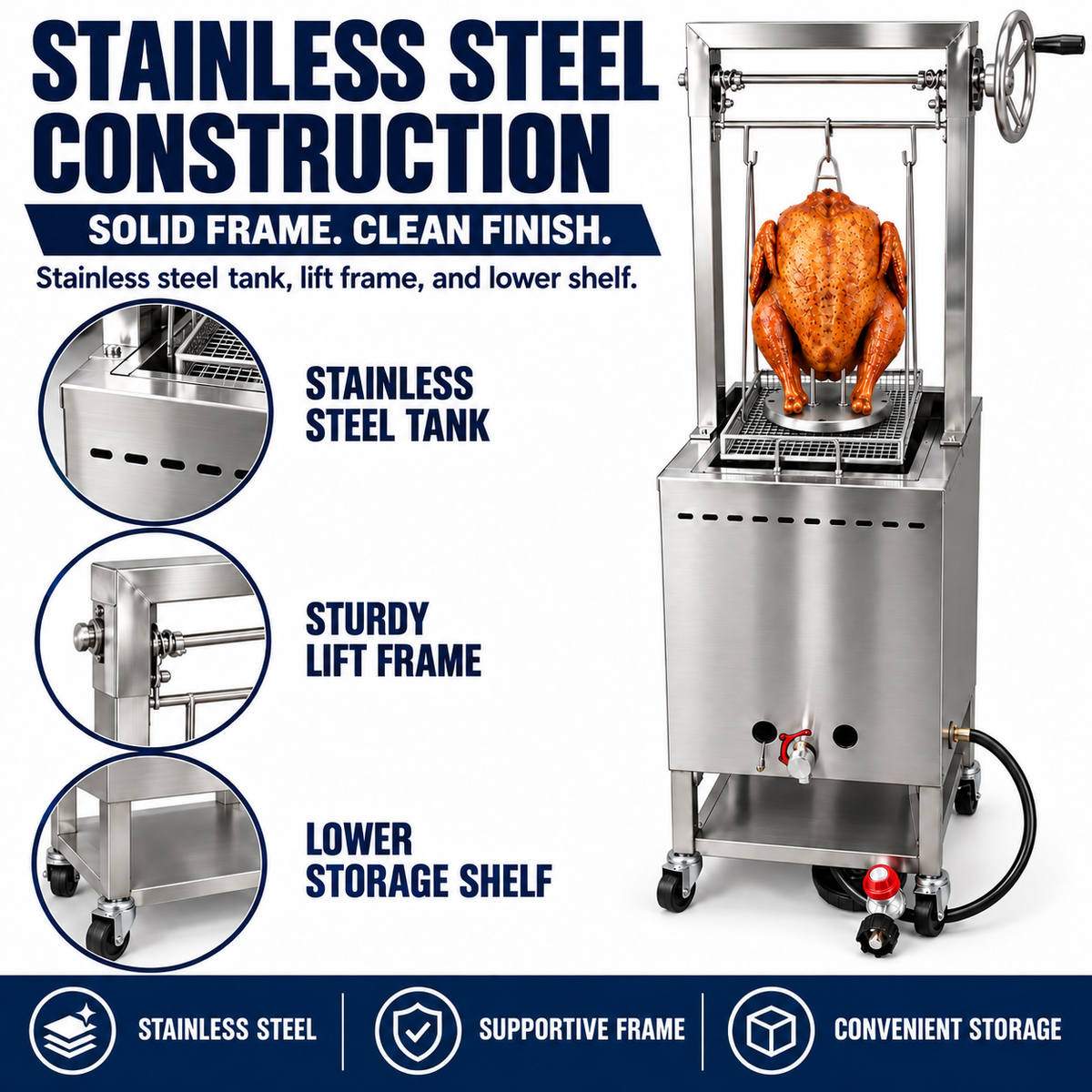Propane Turkey Fryer Cart | Wheel Crank Basket Lift | Portable 4 Wheels | 5 Gallon Max Fill | Fry Turkey up to 14 LBS | Stainless Steel | Fryer for Thanksgiving | Accessories Included | Patent Pending