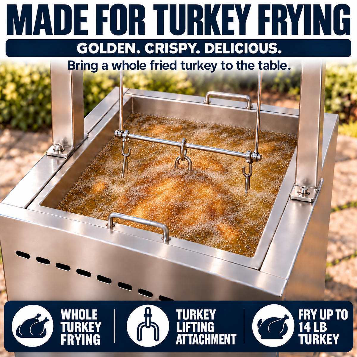 Propane Turkey Fryer Cart | Wheel Crank Basket Lift | Portable 4 Wheels | 5 Gallon Max Fill | Fry Turkey up to 14 LBS | Stainless Steel | Fryer for Thanksgiving | Accessories Included | Patent Pending
