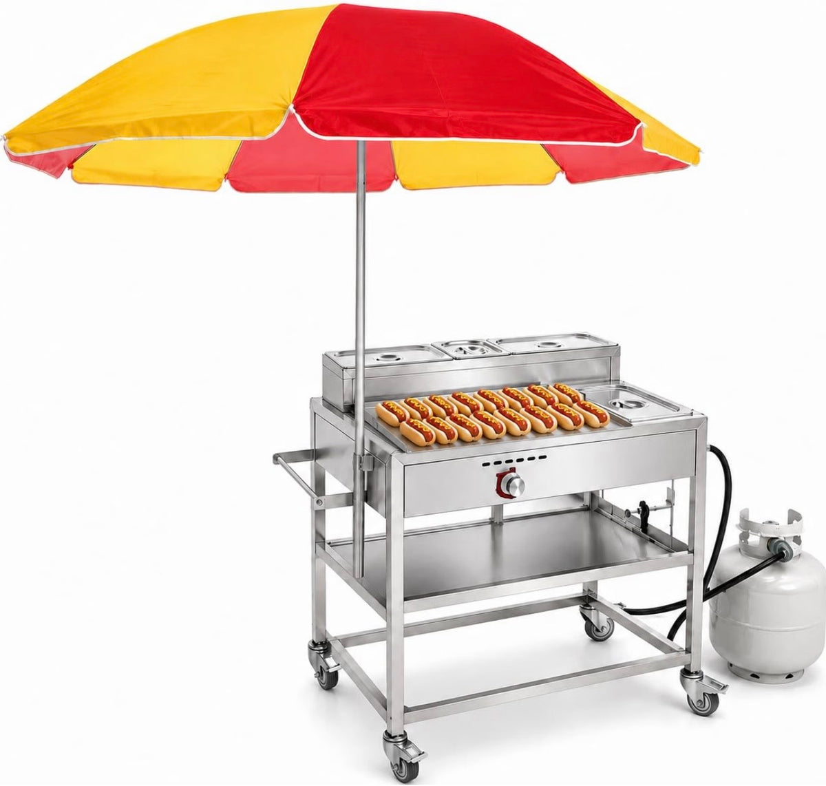 Hot Dog Cart with Umbrella | Stainless Steel Cart with Aluminum Flat Top Griddle | Propane | 4 Wheels Portable | CSA Approved | Street Food Cart for Catering, Vending, and More | Carrito Hot Dogs