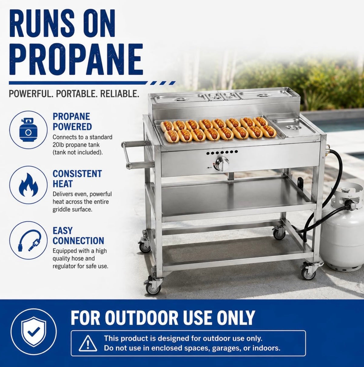 Hot Dog Cart with Umbrella | Stainless Steel Cart with Aluminum Flat Top Griddle | Propane | 4 Wheels Portable | CSA Approved | Street Food Cart for Catering, Vending, and More | Carrito Hot Dogs