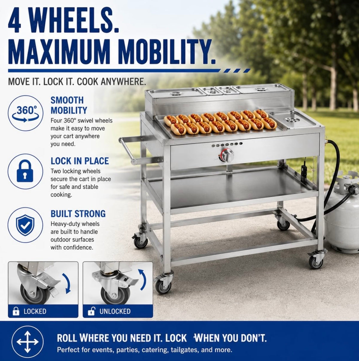 Hot Dog Cart with Umbrella | Stainless Steel Cart with Aluminum Flat Top Griddle | Propane | 4 Wheels Portable | CSA Approved | Street Food Cart for Catering, Vending, and More | Carrito Hot Dogs