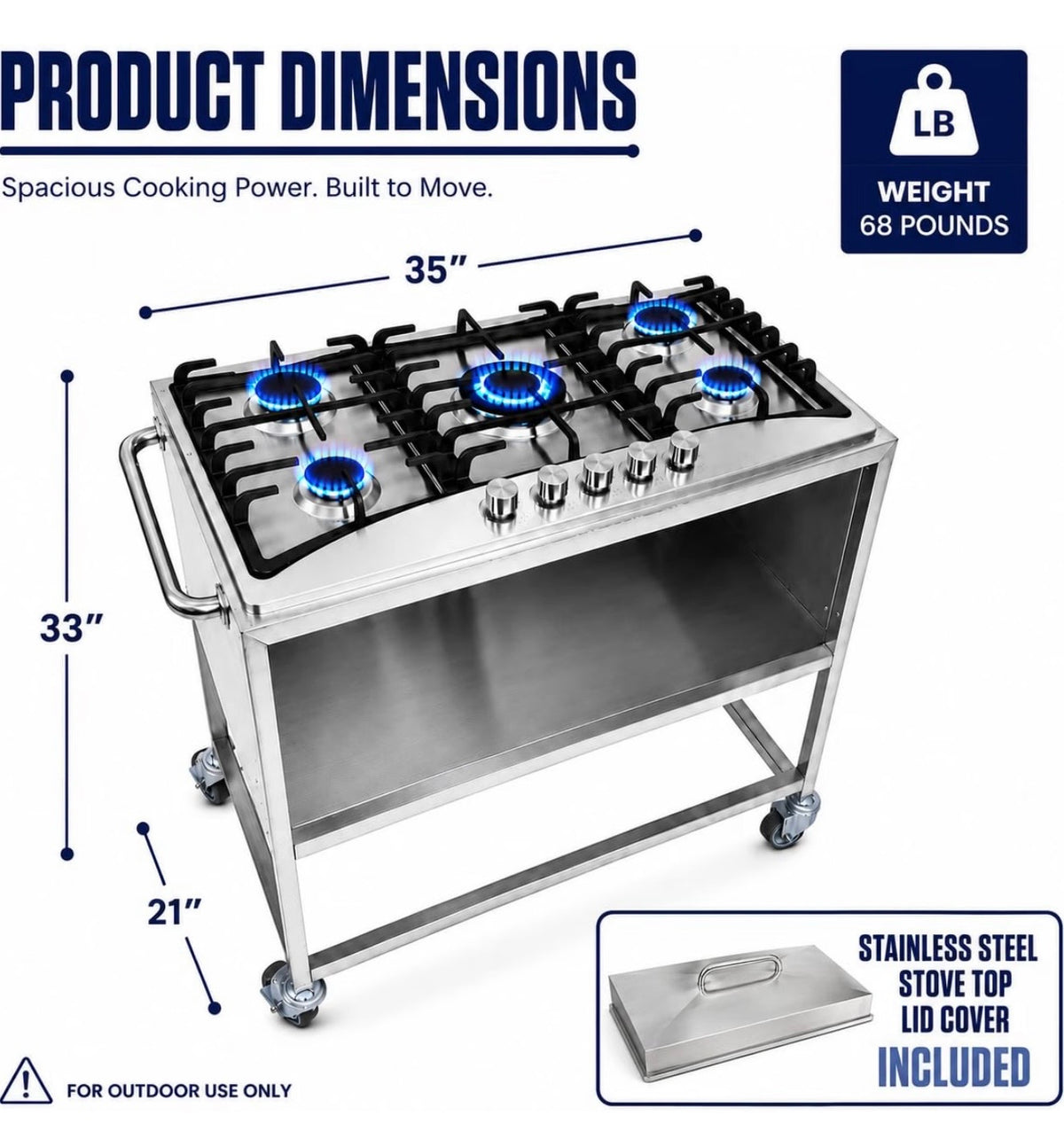5 Burner Stove Propane Cart | Mobile Cooking Food Cart | 304 Stainless Steel | 4 Wheels Portable | 36,000 BTU Total | Outdoor Cooking Station | CSA Approved | Catering, Vending, Backyard, and More