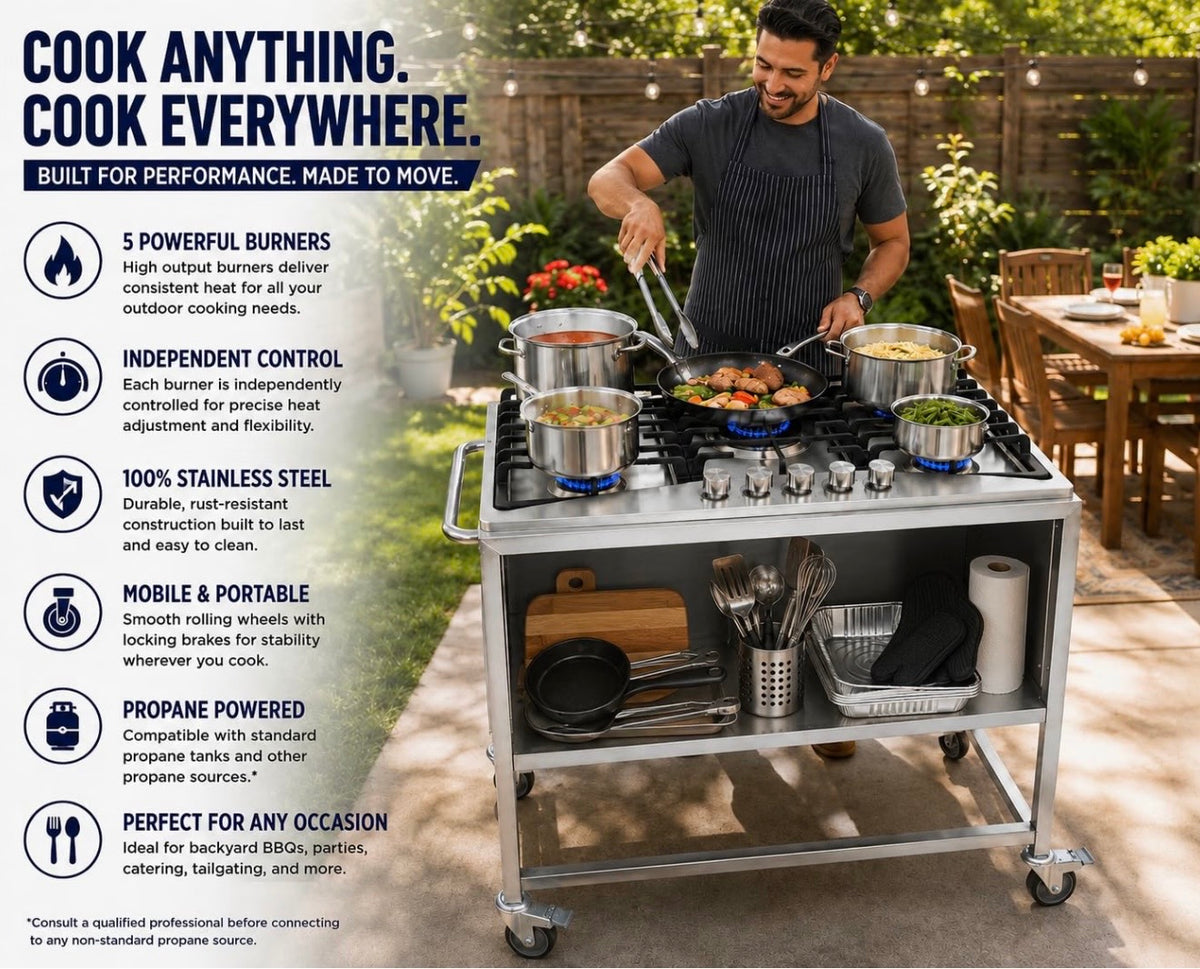 5 Burner Stove Propane Cart | Mobile Cooking Food Cart | 304 Stainless Steel | 4 Wheels Portable | 36,000 BTU Total | Outdoor Cooking Station | CSA Approved | Catering, Vending, Backyard, and More