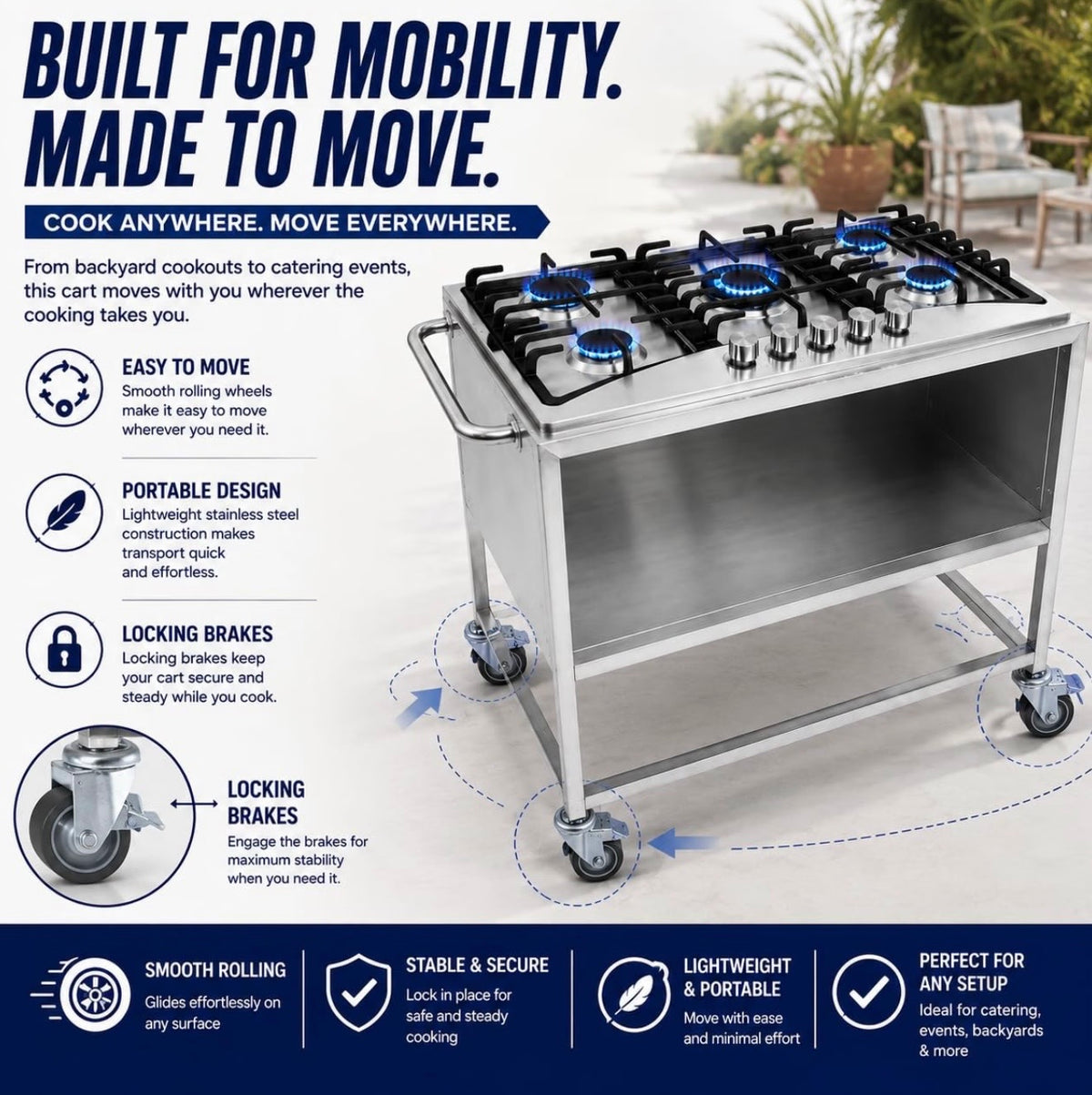 5 Burner Stove Propane Cart | Mobile Cooking Food Cart | 304 Stainless Steel | 4 Wheels Portable | 36,000 BTU Total | Outdoor Cooking Station | CSA Approved | Catering, Vending, Backyard, and More