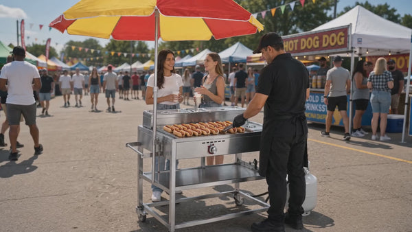 Hot Dog Cart with Umbrella | Stainless Steel Cart with Aluminum Flat Top Griddle | Propane | 4 Wheels Portable | CSA Approved | Street Food Cart for Catering, Vending, and More | Carrito Hot Dogs