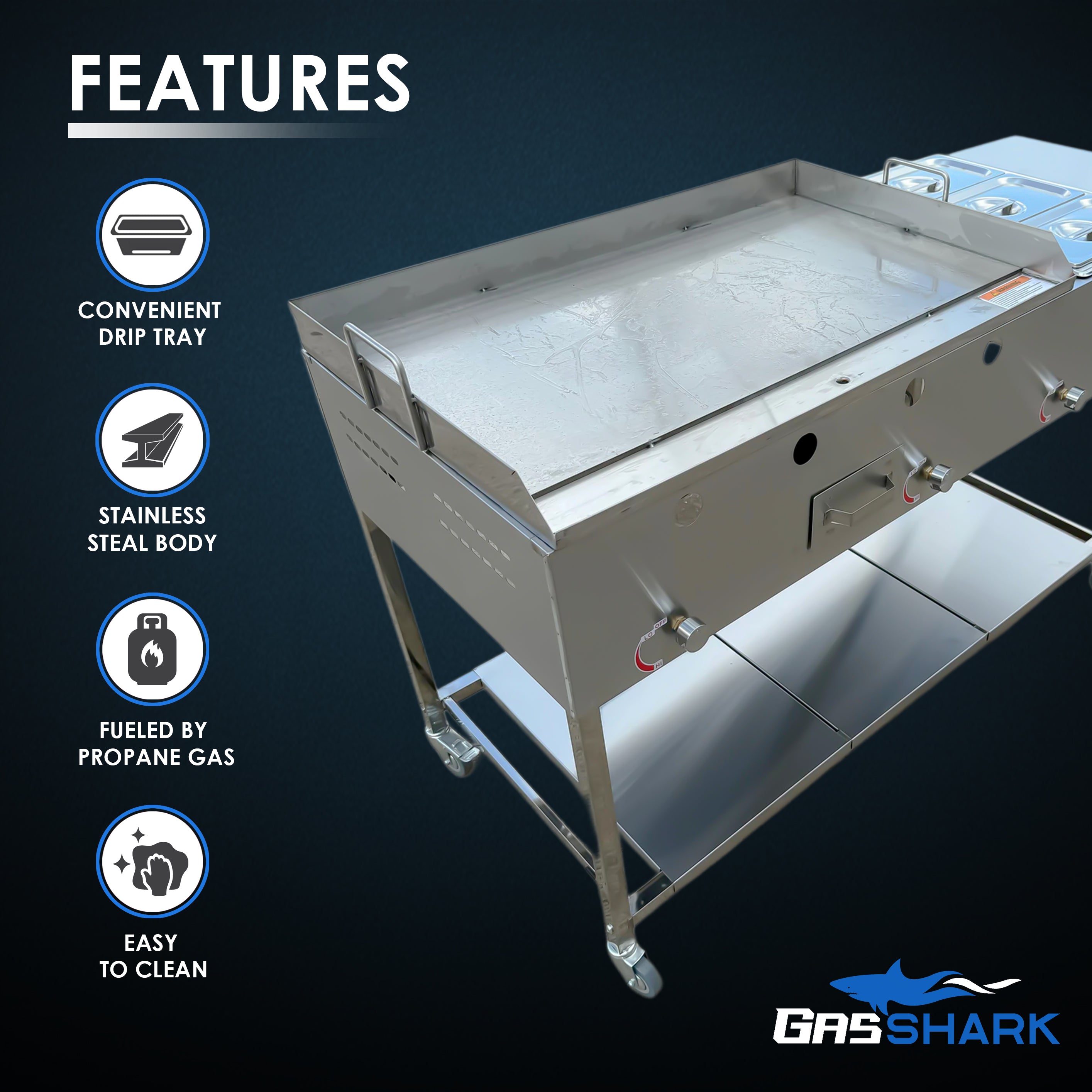 36” x 22” Griddle Taco Cart with 3 Pan Steam Table